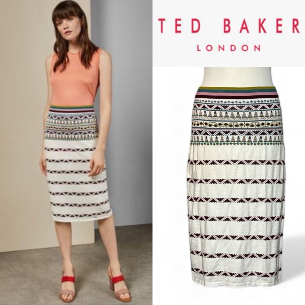 TED BAKER LONDON COARI KNIT AZTEC GEO PRINT MIDI PENCIL SKIRT
